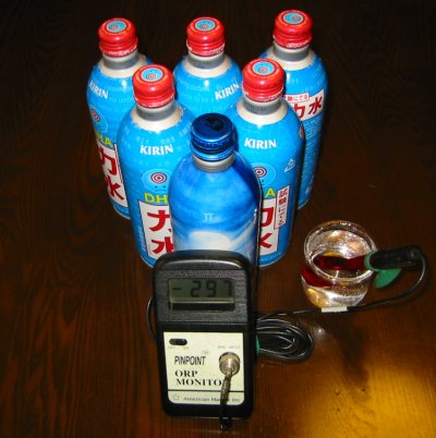 実験開始時の酸化還元電位-297mvとボトル群、「力水」の名に惹かれて購入